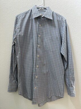 Peter Millar 100% Cotton Blue & Brown Checked Dress Shirt Medium Classic Preppy